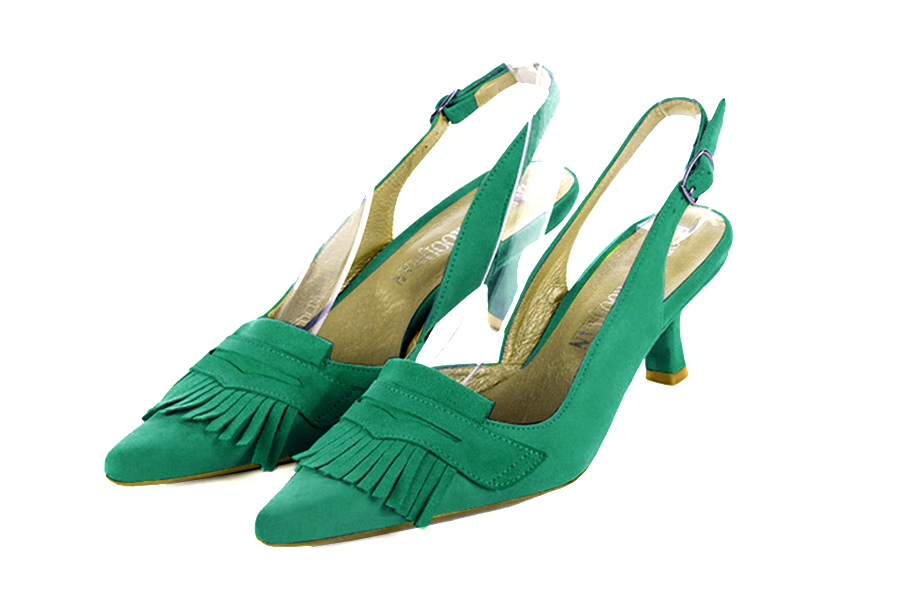 French elegance and refinement for these emerald green dress slingback shoes, 
                available in many subtle leather and colour combinations. Fans of originality will appreciate the fringes and the "Offbeat Rock" side.
To be personalized or not, with your materials and colors.  
                Matching clutches for parties, ceremonies and weddings.   
                You can customize these shoes to perfectly match your tastes or needs, and have a unique model.  
                Choice of leathers, colours, knots and heels. 
                Wide range of materials and shades carefully chosen.  
                Rich collection of flat, low, mid and high heels.  
                Small and large shoe sizes - Florence KOOIJMAN